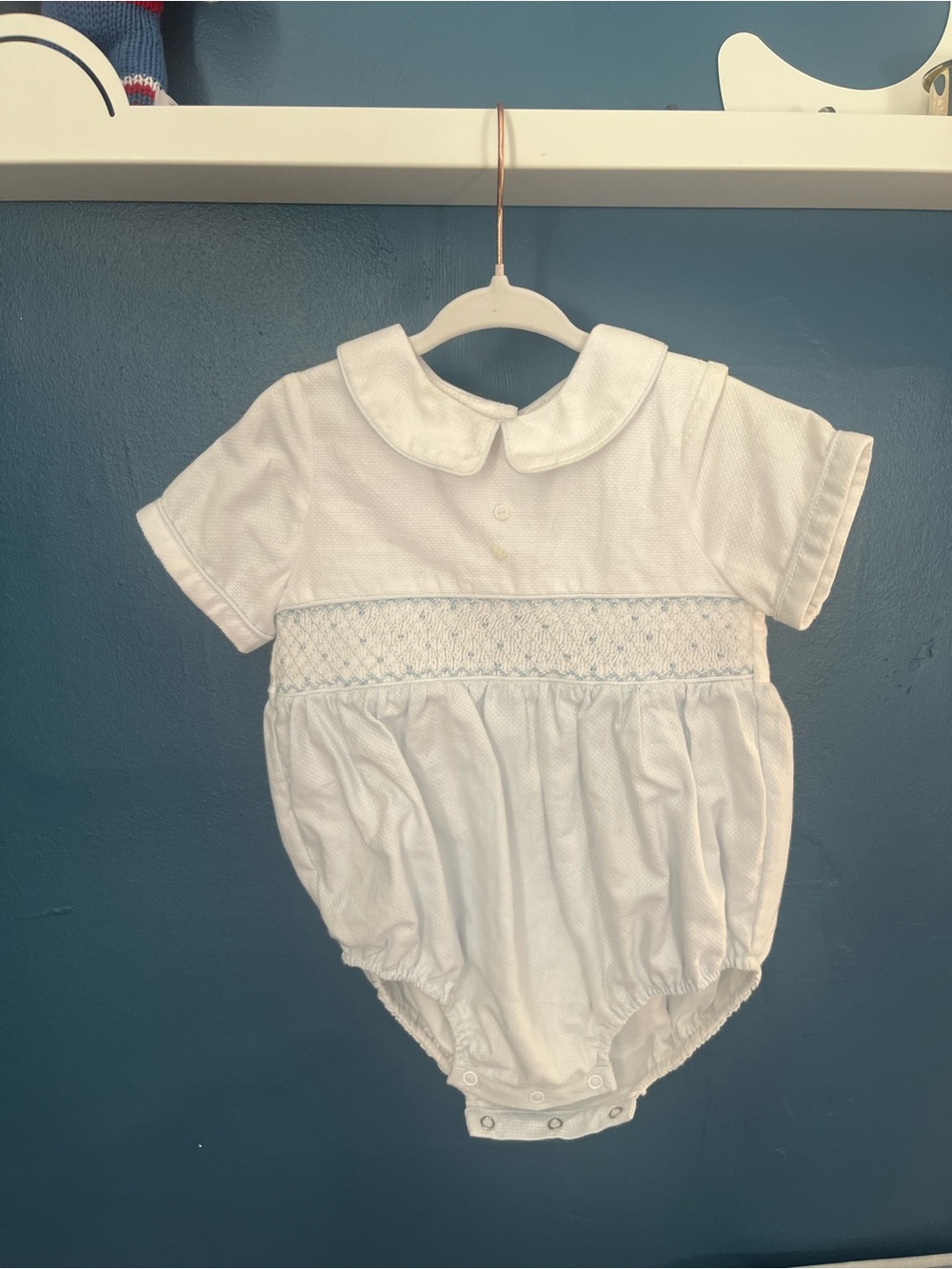 Classic White Smocked Baby Bubble - Peter Pan Collar
